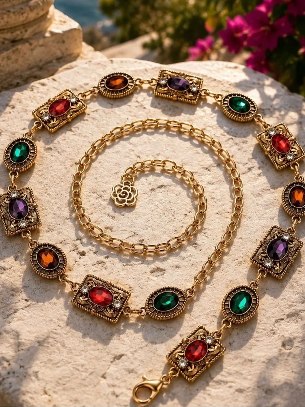 Gold-tone Multi Gem Chain Waist Belt - Women's White Outfit Accessory